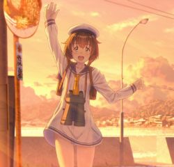Rule 34 | 1girl, bad id, bad twitter id, binoculars, brown eyes, brown hair, commentary request, cowboy shot, dress, gloves, hat, kantai collection, key kun, lamppost, looking at viewer, mirror, neckerchief, open mouth, sailor dress, sailor hat, scenery, short hair, sign, smile, solo, sunset, teeth, upper teeth only, waving, white gloves, white hat, yellow neckerchief, yukikaze (kancolle)