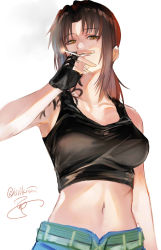 Rule 34 | bare shoulders, black lagoon, breasts, brown eyes, brown hair, cigarette, collarbone, denim, denim shorts, fingerless gloves, gloves, highres, isshiki (ffmania7), large breasts, looking at viewer, midriff, navel, ponytail, revy (black lagoon), shorts, shoulder tattoo, smoking, solo, tank top, tattoo