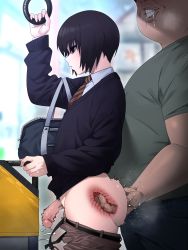 Rule 34 | 2boys, anal fingering, androgynous, bag, belt, black hair, blank eyes, chikan, closed mouth, clothes pull, collared shirt, commentary request, cum, dark-skinned male, dark skin, drooling, ejaculating while penetrated, ejaculation, emotionless sex, fat, fat man, fingering, fingernails, from side, grin, handsfree ejaculation, highres, holding, holding bag, in (ain), korean commentary, long sleeves, male focus, multiple boys, necktie, open mouth, original, pants, pants pull, penis, red eyes, shirt, short hair, short sleeves, smile, steaming body, sweater, teeth, ugly man, x-ray, yaoi