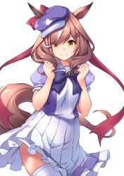 Rule 34 | &gt;:), 1girl, animal ears, awa yume, black bow, blue hat, bow, brown hair, closed mouth, commentary request, ears through headwear, flat cap, frilled skirt, frills, hair ornament, hairclip, hands up, hat, highres, horse ears, horse girl, horse tail, long hair, looking at viewer, matikane tannhauser (umamusume), orange eyes, pleated skirt, puffy short sleeves, puffy sleeves, purple shirt, red bow, school uniform, shirt, short sleeves, simple background, skirt, smile, solo, tail, thighhighs, tilted headwear, tracen school uniform, umamusume, v-shaped eyebrows, white background, white skirt, white thighhighs