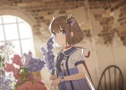 Rule 34 | 1girl, absurdres, antlers, artist request, backlighting, blue eyes, blurry, blurry background, brick wall, brown hair, chair, choker, copyright request, day, depth of field, dress, dutch angle, flower, from side, hair ornament, highres, holding, holding flower, horns, indie utaite, indoors, kano (utaite), light particles, light rays, looking at viewer, official art, parted lips, puffy sleeves, red ribbon, ribbon, ribbon choker, scrunchie, short hair, short sleeves, solo, standing, star (symbol), sunbeam, sunlight, tagme, upper body, window, wrist scrunchie