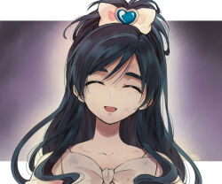 Rule 34 | 1girl, black hair, bow, closed eyes, commentary request, cure white, dress, earrings, eyelashes, futari wa precure, hair bow, hair ornament, half updo, happy, jewelry, long hair, looking at viewer, magical girl, precure, sasano-01, signature, smile, solo, white bow, white dress, yukishiro honoka