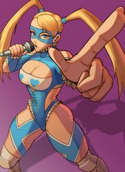 1girl blonde_hair blue_eyes blue_leotard boots breasts capcom cleavage clothing_cutout domino_mask dtscribe elbow_cutout hair_pulled_back highres holding holding_microphone large_breasts leotard long_hair looking_at_viewer mask microphone muscular purple_background rainbow_mika shadow shoulder_cutout solo street_fighter thighs twintails twitter_username wrestling_mask wrestling_outfit