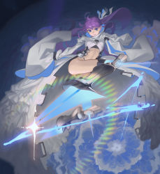 Rule 34 | 1girl, absurdres, ass, blade, blue eyes, drop kick, fate/grand order, fate (series), flying kick, highres, kicking, lens flare, long coat, long hair, meltryllis (fate), meltryllis (third ascension) (fate), prosthesis, prosthetic leg, purple hair, sleeves past fingers, sleeves past wrists, solo, yurayura