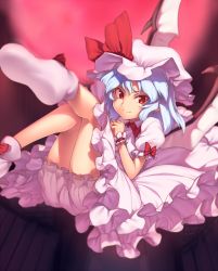 Rule 34 | 1girl, bat wings, bloomers, blue hair, closed mouth, full moon, hat, hat ribbon, kaiza (rider000), knees up, looking at viewer, mob cap, moon, petticoat, pink hat, pink skirt, pink socks, puffy short sleeves, puffy sleeves, red eyes, red moon, red ribbon, remilia scarlet, ribbon, short sleeves, skirt, smile, socks, solo, touhou, underwear, wings, wrist cuffs