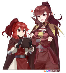 Rule 34 | 2girls, :d, anna (fire emblem), anna (fire emblem engage), cape, chocojax, commentary, dress, fire emblem, fire emblem awakening, fire emblem engage, hair between eyes, height difference, highres, long hair, long sleeves, multiple girls, nintendo, open mouth, pants, ponytail, purple cape, red dress, red eyes, red hair, red pants, siblings, sisters, smile