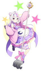 Rule 34 | 1girl, absurdres, apron, asymmetrical legwear, blue hair, bow, crescent, dress, frilled apron, frilled dress, frills, grey hair, grin, hair bun, highres, holding, holding mop, hololive, jacket, long sleeves, looking at viewer, mop, multicolored hair, murasaki shion, murasaki shion (magical girl maid), ohihil, open clothes, open jacket, pantyhose, pink bow, pink hair, pink jacket, pleated dress, puffy long sleeves, puffy sleeves, purple dress, purple footwear, purple socks, revision, shoes, single side bun, single sock, single thighhigh, sleeveless, sleeveless dress, sleeves past wrists, smile, socks, solo, star (symbol), starry background, streaked hair, striped clothes, striped pantyhose, striped socks, thighhighs, virtual youtuber, waist apron, white apron, white background