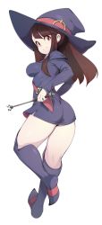 Rule 34 | 1girl, ass, boots, breasts, brown hair, closed mouth, commentary, dress, english commentary, from behind, hat, highres, impossible clothes, impossible dress, kagari atsuko, little witch academia, long hair, looking at viewer, looking back, luna nova school uniform, medium breasts, red eyes, revision, school uniform, shiny skin, short dress, simple background, slugbox, smile, solo, standing, wand, white background, witch, witch hat