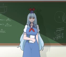 Rule 34 | 1girl, blue dress, blue hair, bow, breasts, chalkboard, circled 9, cirno, classroom, commentary, cowboy shot, dress, english commentary, hat, highres, holding, holding notebook, kamishirasawa keine, large breasts, long hair, looking at viewer, mata (matasoup), math, neckerchief, no sclera, notebook, red bow, shadow, solo, tokin hat, touhou, very long hair, yellow eyes