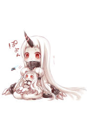 Rule 34 | 10s, 2girls, abyssal ship, airfield princess, blush, breasts, chibi, detached sleeves, dress, horns, kantai collection, large breasts, long hair, multiple girls, open mouth, red eyes, ribbed dress, seaport princess, single horn, tobi (one), very long hair, white background, white hair
