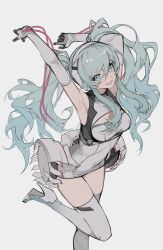 Rule 34 | 1girl, :d, absurdres, aqua eyes, aqua hair, armpits, arms up, boots, breasts, commentary, elbow gloves, gloves, goodsmile racing, hatsune miku, high heels, highres, long hair, looking at viewer, medium breasts, open mouth, racing miku, racing miku (2014), simple background, smile, snowcake47, solo, thigh boots, twintails, vocaloid, white background, white gloves