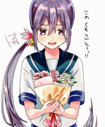 Rule 34 | 1girl, akebono (kancolle), bell, blue sailor collar, bouquet, flower, hair bell, hair flower, hair ornament, hatu xxgoukan, jingle bell, kantai collection, long hair, looking at viewer, purple eyes, purple hair, rose, sailor collar, school uniform, serafuku, shitty admiral (phrase), short sleeves, side ponytail, simple background, smile, solo, tsundere, upper body, very long hair, white background