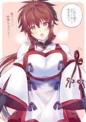 Rule 34 | 1girl, blush, breasts, brown hair, cosplay, fan la norne, fan la norne (cosplay), feather hair, himeno345, japanese clothes, large breasts, long hair, looking at viewer, lora (xenoblade), nintendo, parted lips, ponytail, simple background, solo, translation request, xenoblade chronicles (series), xenoblade chronicles 2, xenoblade chronicles 2: torna - the golden country, yellow eyes