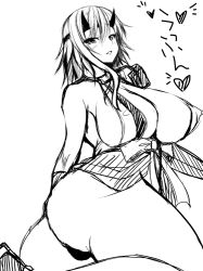 Rule 34 | 00s, 1girl, ass, breasts, cleavage, female focus, greyscale, horns, huge breasts, long hair, monochrome, panties, queen&#039;s blade, shizuka (queen&#039;s blade), sketch, solo, stem (roam), thong, underwear, white background