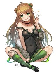 Rule 34 | 1girl, :q, ahoge, alracoco, bare shoulders, blush, bow, breasts, brown hair, choker, cleavage, collarbone, commentary, dog tags, double bun, dress, fur trim, girls&#039; frontline, green eyes, green socks, hair between eyes, hair bow, hair bun, head tilt, jacket, jewelry, kneehighs, long hair, looking at viewer, medium breasts, necklace, rfb (girls&#039; frontline), sidelocks, simple background, sitting, smile, socks, solo, striped clothes, striped socks, tongue, tongue out, v, vertical-striped clothes, vertical-striped socks, white background