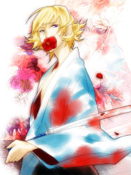 Rule 34 | 10s, 1boy, blonde hair, cain0918, flower, hibiscus, highres, ivan karelin, japanese clothes, katana, male focus, mouth hold, purple eyes, short hair, solo, sword, tiger &amp; bunny, weapon, zoom layer