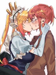 Rule 34 | 2girls, absurdres, blonde hair, blush, bow, breasts, brown jacket, colored tips, dragon girl, dragon horns, elbow gloves, closed eyes, frills, from side, glasses, gloves, highres, horns, jacket, kiss, kobayashi-san chi no maidragon, kobayashi (maidragon), large breasts, long hair, maid, maid headdress, multicolored hair, multiple girls, orange hair, profile, red bow, red eyes, red hair, short ponytail, surprise kiss, surprised, sweatdrop, takao (88499191), tohru (maidragon), twintails, upper body, waist bow, yuri, zukyuun
