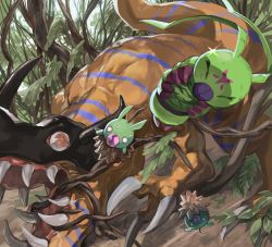 Rule 34 | absurdres, closed mouth, colored skin, digimon, digimon (creature), dinosaur, closed eyes, green skin, greymon, highres, level-00, nature, no pupils, open mouth, orange skin, outdoors, red eyes, scared, sharp teeth, sweat, teeth, tree, worm, wormmon