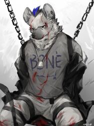 Rule 34 | 1boy, animal ear piercing, arknights, black jacket, blood, blood on clothes, blood on face, chain, closed mouth, clothes writing, english text, furry, furry male, grey shirt, highres, hyena boy, jacket, jewelry, male focus, multicolored hair, necklace, p7ywirzyw8lesuc, restrained, shirt, signature, solo, spot (arknights), streaked hair