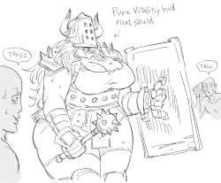 Rule 34 | 1girl, 2boys, armband, bb (baalbuddy), breasts, fake horns, flail, greyscale, helmet, highres, horned helmet, horns, huge breasts, long hair, mace, monochrome, morning star, multiple boys, original, people, shield, sketch, skirt, speech bubble, spiked mace, spikes, sweatdrop, thick thighs, thighs, weapon