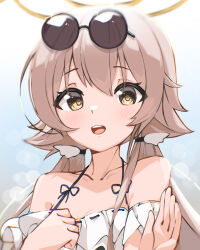 Rule 34 | 1girl, :d, bikini, blue archive, brown hair, collarbone, commentary, detached sleeves, eyewear on head, frilled bikini, frills, hair between eyes, halo, hifumi (blue archive), hifumi (swimsuit) (blue archive), highres, long hair, looking at viewer, low twintails, melerdon, official alternate costume, open mouth, portrait, short sleeves, sidelocks, simple background, smile, solo, spaghetti strap, sunglasses, swimsuit, twintails, white bikini, wing hair ornament, yellow eyes