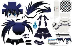 Rule 34 | 10s, 1girl, absurdres, artist name, ass, bikini, black rock shooter, black rock shooter (character), blue eyes, blue fire, blue hair, butt crack, character name, chibi, el joey, fire, gloves, glowing, glowing eye, highres, long hair, matching hair/eyes, pale skin, paper cutout, papercraft, solo, swimsuit, sword, twintails, watermark, weapon, web address