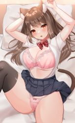 Rule 34 | 1girl, animal ear fluff, animal ears, arms up, bed, bed sheet, black skirt, black thighhighs, bow, bow panties, bra, breasts, brown hair, cat ears, cat tail, cleavage, clothes lift, fang, highres, katsushika pachi, lace, lace-trimmed bra, lace trim, long hair, looking at viewer, open clothes, open mouth, open shirt, original, panties, pillow, pink bra, pink panties, pleated skirt, red eyes, red neckwear, school uniform, shirt, skirt, skirt lift, solo, tail, thighhighs, thighs, underwear, uniform, white shirt