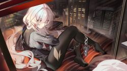Rule 34 | chain, cityscape, dress shirt, grey eyes, honkai (series), honkai impact 3rd, lantern (honkai impact), no shoes, non-web source, on bed, pantyhose, shirt, torn clothes, torn pantyhose, white hair