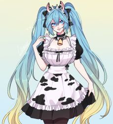 Rule 34 | 1girl, absurdres, animal ears, animal print, apron, aqua hair, bell, blonde hair, blue eyes, blue hair, blush, breasts, cleavage, cow ears, cow print, dress, gradient hair, highres, horns, large breasts, league of legends, lipstick, long hair, looking at viewer, maid, makeup, multicolored hair, parted lips, solo, sona (league of legends), twintails, very long hair