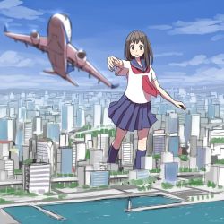 Rule 34 | 1girl, aircraft, airplane, blouse, blue sky, blurry, blurry foreground, brown eyes, brown hair, building, city, cityscape, closed mouth, cloud, commentary request, day, giant, giantess, grey sailor collar, grey skirt, grey socks, kneehighs, long hair, looking at viewer, neckerchief, original, outdoors, pleated skirt, red neckerchief, sailor collar, school uniform, serafuku, shapoco, shirt, short sleeves, skirt, sky, skyscraper, smile, socks, solo, standing, straight hair, throwing, water, white shirt