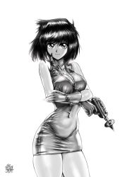 Rule 34 | 1990s (style), 1girl, breasts, cleavage, commentary, covered navel, crossed arms, derivative work, dress, energy gun, english commentary, finger on trigger, gloves, greyscale, gun, handgun, highres, holding, holding gun, holding weapon, large breasts, long hair, mazaki anzu, monochrome, ray gun, retro artstyle, short dress, short hair, skin tight, skindentation, sleeveless, sleeveless dress, solo, the golden smurf, thighs, unzipped, weapon, white background, yu-gi-oh!, yu-gi-oh! duel monsters, zipper pull tab