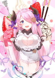 Rule 34 | 1girl, :d, absurdres, against glass, apron, blue eyes, blush, bow, braid, breast press, breasts, breasts on glass, cleavage, cleavage cutout, clothing cutout, cream, crown braid, cup, food, frilled apron, frills, fruit, full body, granblue fantasy, hair bow, hair ornament, hair over one eye, heart, heart-shaped pupils, heart hair ornament, highres, horn bow, horn ornament, horns, ice cream, in container, in cup, kneeling, large breasts, long hair, long sleeves, looking at viewer, mini person, minigirl, minikon, narmaya (granblue fantasy), narmaya (valentine) (granblue fantasy), open mouth, pocky, pointy ears, purple bow, raised eyebrows, shiny skin, sleeves past wrists, smile, solo, straight hair, strawberry, symbol-shaped pupils, tareme, thighs, transparent, two-tone background, upper body, very long hair, white apron
