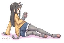 Rule 34 | 1girl, animal ears, animal hands, artist name, cat ears, cat girl, cat paws, cat tail, feet, long hair, long sleeves, no shoes, original, pantyhose, short shorts, shorts, simple background, soles, solo, tail, umiroku