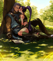 Rule 34 | 1boy, 1girl, bare shoulders, beard, belt, blush, book, boots, brown gloves, closed eyes, cross-laced footwear, dappled sunlight, dragon quest, dragon quest xi, facial hair, gloves, grass, green gloves, green thighhighs, greig (dq11), grey hair, high ponytail, imminent kiss, lace-up boots, leaning on object, lens flare, long hair, martina (dq11), midriff, niwatori, on floor, on grass, outdoors, ponytail, purple hair, sitting, sleep molestation, sleeping, sunlight, thigh boots, thighhighs, tree, very long hair, wariza