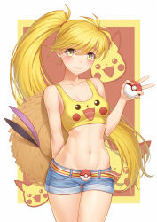 Rule 34 | 1girl, anarchojs, arm behind back, bare shoulders, belt, blush, breasts, collarbone, commentary request, creatures (company), denim, game freak, gen 1 pokemon, hat, highres, holding, holding clothes, holding hat, jeans, long hair, medium breasts, navel, nintendo, pants, pikachu, poke ball, poke ball (basic), pokemon, pokemon (creature), pokemon adventures, ponytail, short shorts, shorts, smile, solo, straw hat, sun hat, unworn hat, unworn headwear, very long hair, yellow (pokemon), yellow eyes