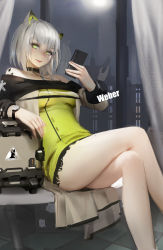 Rule 34 | 1girl, absurdres, animal ears, arknights, artist name, bare legs, bare shoulders, black choker, cellphone, choker, commentary, crossed legs, curtains, dress, feet out of frame, female focus, green dress, green eyes, hand up, highres, holding, holding phone, indoors, kal&#039;tsit (arknights), long sleeves, looking at viewer, material growth, microdress, night, off-shoulder dress, off shoulder, oripathy lesion (arknights), phone, reflection, short hair, silver hair, sitting, smartphone, smile, solo, thighs, weber