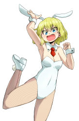 Rule 34 | 10s, 1girl, absurdres, alternate costume, animal ears, aono3, arm up, ascot, blonde hair, blue eyes, breasts, cowboy shot, detached collar, fake animal ears, fang, fishnet pantyhose, fishnets, girls und panzer, highres, katyusha (girls und panzer), leg up, leotard, looking at viewer, open mouth, pantyhose, playboy bunny, rabbit ears, shoes, short hair, simple background, small breasts, smile, solo, standing, standing on one leg, strapless, strapless leotard, white background, white footwear, white leotard, wrist cuffs