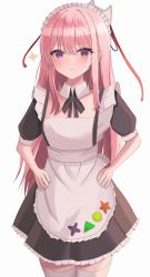 Rule 34 | 1girl, absurdres, alternate costume, aohane, apron, enmaided, hand on own hip, hands on own hips, hata no kokoro, highres, long hair, looking at viewer, maid, maid apron, maid headdress, pink hair, ribbon, short sleeves, solo, thighhighs, touhou, white apron