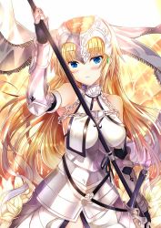 Rule 34 | 1girl, armor, armored dress, armpits, backlighting, bare shoulders, blonde hair, blue eyes, blush, breasts, chain, cowboy shot, fate/apocrypha, fate/grand order, fate (series), flag, flower, gauntlets, headpiece, jeanne d&#039;arc (fate), jeanne d&#039;arc (ruler) (fate), jeanne d&#039;arc (third ascension) (fate), long hair, looking at viewer, medium breasts, parted lips, ruler (fate/grand order), sheath, sheathed, solo, sword, weapon, xephonia