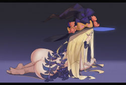 Rule 34 | 1girl, abigail williams (fate), abigail williams (second ascension) (fate), ass, back, barefoot, blonde hair, blush, dimples of venus, fate/grand order, fate (series), female focus, hat, hip focus, long hair, lying, nude, on side, purple eyes, sk tori, soles, solo, stuffed animal, stuffed toy, teddy bear, very long hair, wide hips, witch hat