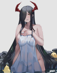 Rule 34 | 1girl, absurdres, azur lane, black hair, blush, breasts, collarbone, covered navel, covering privates, friedrich der grosse (azur lane), grey background, hair over one eye, highres, horns, jewelry, large breasts, long hair, looking at viewer, manjuu (azur lane), milephunter, nude cover, one eye covered, onsen, parted lips, ring