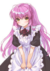 Rule 34 | 1girl, alternate costume, apron, black dress, brown eyes, commentary request, cowboy shot, dress, embarrassed, enmaided, frilled apron, frills, futaki kanata, hair bobbles, hair ornament, leaning forward, little busters!, long hair, looking at viewer, maid, mitsuyo (mituyo324), purple hair, simple background, solo, two side up, white apron, white background