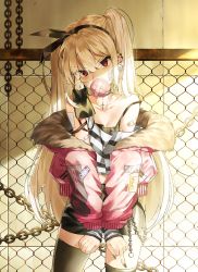 Rule 34 | 1girl, bad id, bad pixiv id, bandaid, bandaid on arm, bandaid on face, black hairband, black shorts, black thighhighs, blonde hair, breasts, blowing bubbles, buckle, chain, chain-link fence, chewing gum, cleavage, coat, collar, cross, ear piercing, earrings, english text, fence, fingernails, fur-trimmed coat, fur trim, h shai, hair between eyes, hairband, head tilt, highres, jewelry, long fingernails, long hair, long sleeves, looking at viewer, nail polish, off shoulder, original, piercing, pink coat, pointing, pointing down, red eyes, shaded face, shirt, shorts, small breasts, solo, strap slip, striped clothes, striped shirt, thighhighs, tsurime, twintails