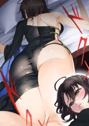 Rule 34 | 1girl, ahoge, ass, ass focus, azur lane, baltimore (azur lane), baltimore (evening breeze minuet) (azur lane), bare shoulders, bed, black dress, black hair, braid, breasts, dress, from behind, highres, lying, on bed, on stomach, ootani nonno, parted lips, pillow, short hair, shoulder blades, side slit, sleeveless, sleeveless dress, small breasts, solo, thighs, yellow eyes