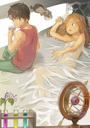 Rule 34 | 1boy, 1girl, armillary sphere, bed, bed sheet, black hair, brown eyes, brown hair, cat, pet food, clothed male nude female, coffee, covered navel, cup, eating, hair ornament, holding, holding cup, kamimura aki, long hair, looking at another, looking back, morning, mug, naked sheet, nude, on bed, one eye closed, original, pants, parted lips, plant, red shirt, see-through, shirt, sitting, smile, tan, tank top, test tube, under covers, waking up