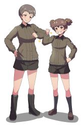 Rule 34 | 2girls, absurdres, alisa (girls und panzer), arm bump, black footwear, black shorts, boots, brown eyes, brown hair, brown jacket, closed mouth, commentary, emblem, freckles, girls und panzer, grey legwear, grin, hair ornament, hand on own hip, highres, jacket, kneehighs, loafers, long sleeves, looking at another, military, military uniform, multiple girls, naomi (girls und panzer), sasaki tatsuya, saunders military uniform, shoes, short hair, short shorts, short twintails, shorts, simple background, smile, socks, standing, star (symbol), star hair ornament, textless version, twintails, uniform, very short hair, white background