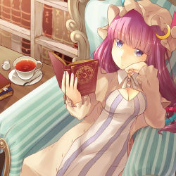 Rule 34 | 1girl, bad id, bad pixiv id, blue eyes, book, bookmark, bookshelf, bow, breasts, cleavage, cleavage cutout, clothing cutout, crescent, cup, female focus, hair bow, hat, indoors, long hair, magic circle, medium breasts, nail polish, open book, patchouli knowledge, purple hair, reading, sitting, solo, spoon, table, taoru, tea, teacup, touhou, very long hair