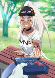Rule 34 | 1girl, ^ ^, arm support, azur lane, baseball cap, bench, black choker, black nails, blurry, blurry foreground, blush, bodypaint, box, breasts, choker, closed eyes, clothes writing, collarbone, commentary request, crossed bangs, dark-skinned female, dark skin, day, denim, facepaint, gift, gift box, grin, hair between eyes, hat, hat writing, high ponytail, highres, holding, holding gift, jeans, long hair, medium breasts, midriff, minneapolis (azur lane), minneapolis (extreme games) (azur lane), murasaki tsutsuji, navel, outdoors, pants, park bench, ponytail, pov, pov hands, shadow, shirt, short sleeves, sidelocks, sitting, smile, solo focus, teeth, tied shirt, torn clothes, torn pants, white day, white hair, white shirt