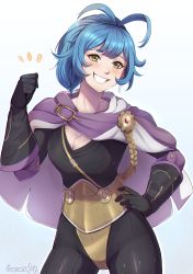 Rule 34 | 1girl, absurdres, aiguillette, antenna hair, artist name, black bodysuit, black gloves, blue hair, blush, bodysuit, breasts, buckle, cape, cleavage, clenched hand, commentary, cowboy shot, earrings, elbow gloves, elbow pads, english commentary, evomanaphy, fire emblem, fire emblem heroes, gloves, grin, hair between eyes, hand on own hip, highres, jewelry, long sleeves, looking at viewer, medium breasts, multicolored cape, multicolored clothes, nintendo, notice lines, open mouth, ponytail, purple cape, reginn (fire emblem), short hair, sidelocks, simple background, smile, solo, standing, teeth, white cape, yellow eyes