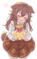 Rule 34 | 1girl, animal ears, blouse, bone hair ornament, bow, brown hair, brown skirt, closed eyes, cowboy shot, dog ears, dog girl, dog tail, facing viewer, fang, frilled skirt, frills, gift, hair between eyes, hair ornament, highres, holding, holding gift, hololive, incoming gift, inugami korone, inugami korone (street), leaning forward, long hair, long sleeves, open mouth, shirt, simple background, skin fang, skirt, smile, solo, tail, twitter username, valentine, vinhnyu, virtual youtuber, white background, white shirt, yellow bow